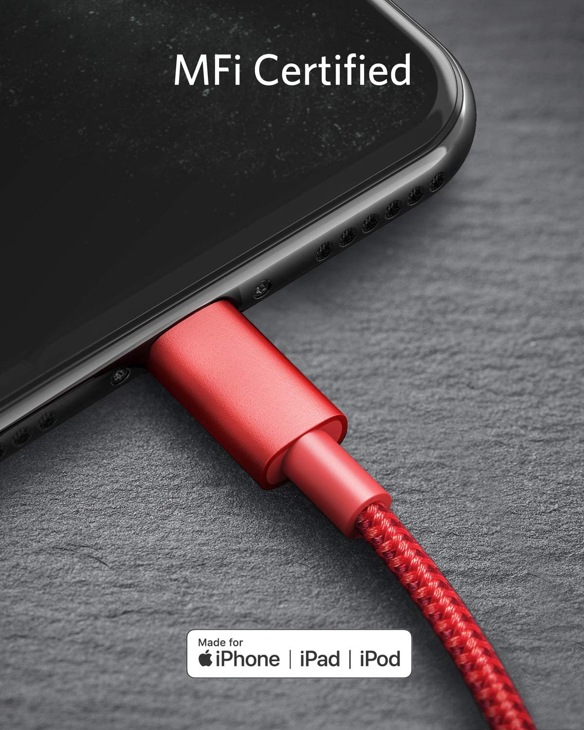 Anker 331 USB-C to Lightning charging cable, 6ft length, red color, designed for fast device charging and data transfer.