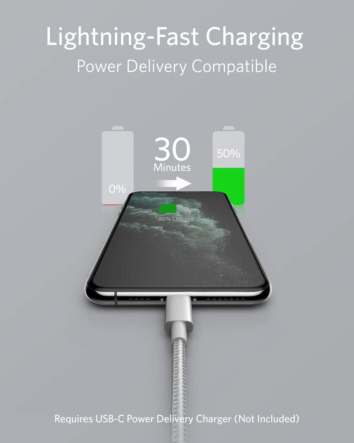 Anker 331 6ft silver USB-C to Lightning charging cable showing the length and silver connector design.