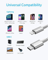 Anker 331 USB-C to Lightning charging cable, 6ft silver color, designed for fast and reliable iPhone charging.