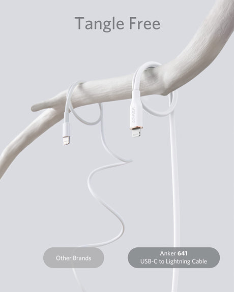 Anker 641 USB-C to Lightning silicone charging cable, 6ft white, designed for fast and reliable Apple device charging.
