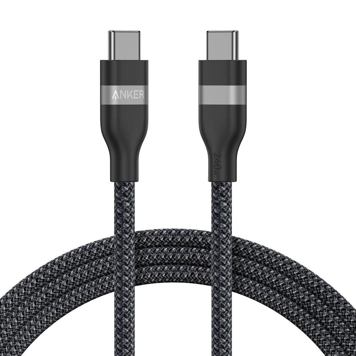 Anker 6ft black USB-C to USB-C cable, upcycled braided design, supports 240W charging for fast device power transfer.