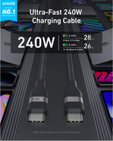 Anker 6ft black USB-C to USB-C cable with upcycled braided design, supports 240W charging for fast device power transfer.