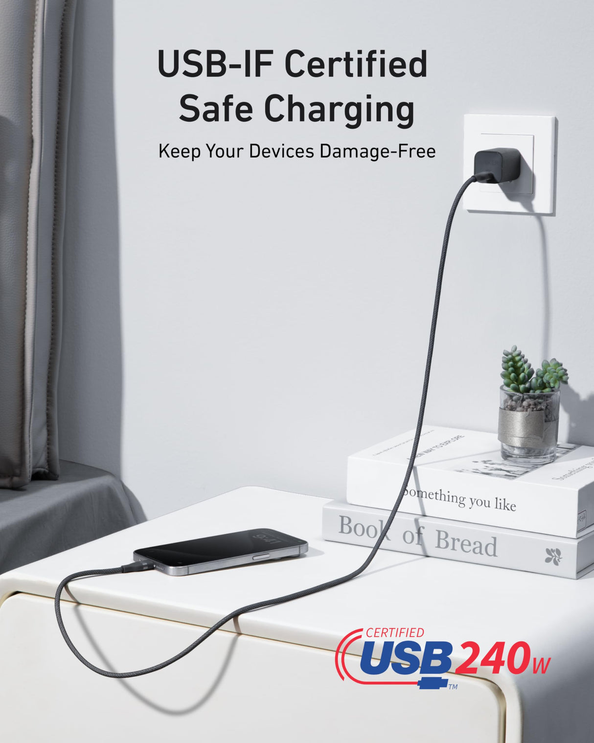 Anker 6ft black USB-C to USB-C cable, upcycled braided design, supports 240W fast charging for compatible devices.