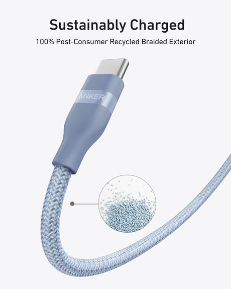 Anker USB-C to USB-C braided cable in blue, 6 feet long, supporting 240W charging for fast data transfer and power delivery.