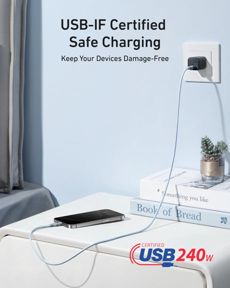 Anker 6ft blue USB-C to USB-C cable, upcycled braided design, supports 240W fast charging, ideal for smartphones and laptops.