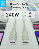 Anker 6ft green USB-C to USB-C cable, upcycled braided design, supports 240W charging, ideal for fast device connectivity.