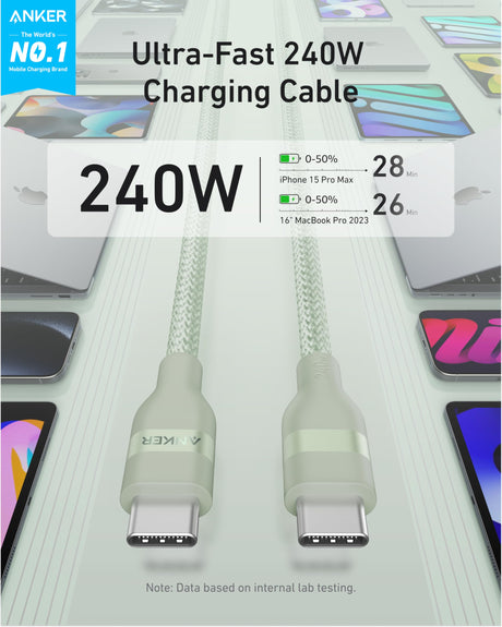 Anker 6ft green USB-C to USB-C cable with upcycled-braided design, supports 240W charging, durable and flexible.