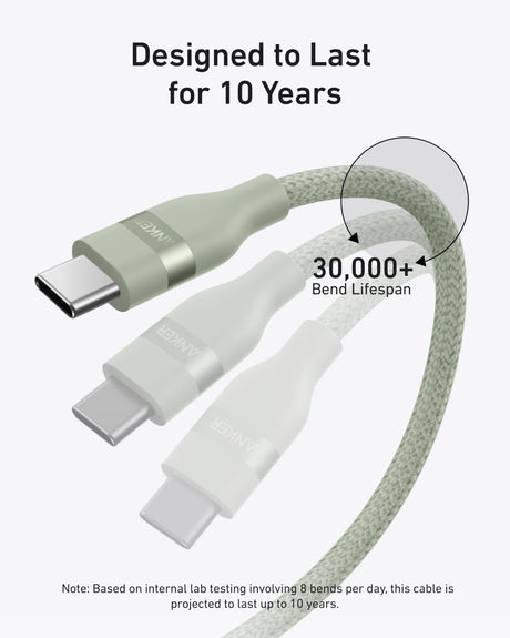Anker 6ft green USB-C to USB-C cable, upcycled braided design, supports 240W charging, ideal for fast device charging and data transfer.