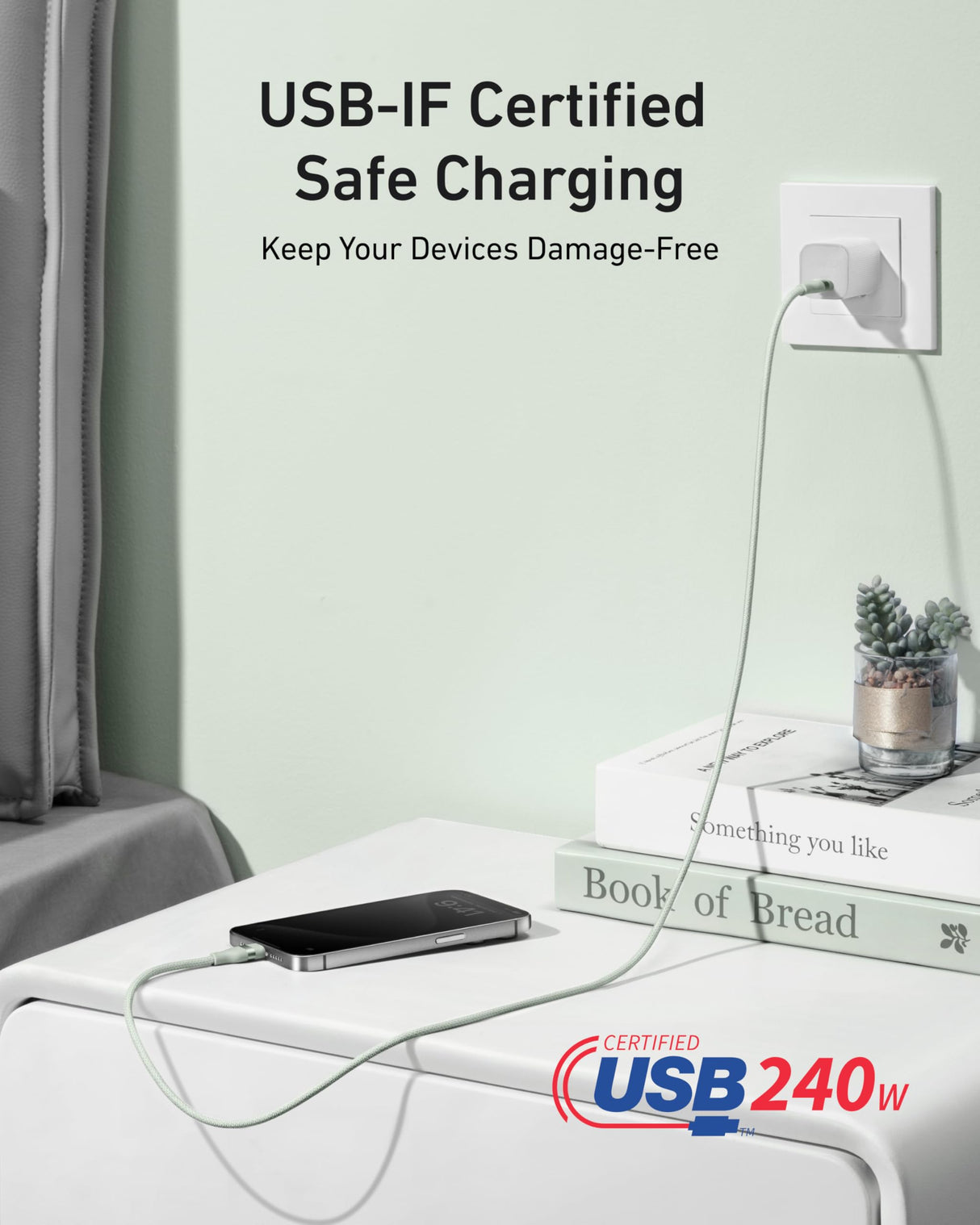 Anker 6ft green USB-C to USB-C cable, upcycled braided design, supports 240W fast charging, durable and flexible for devices.