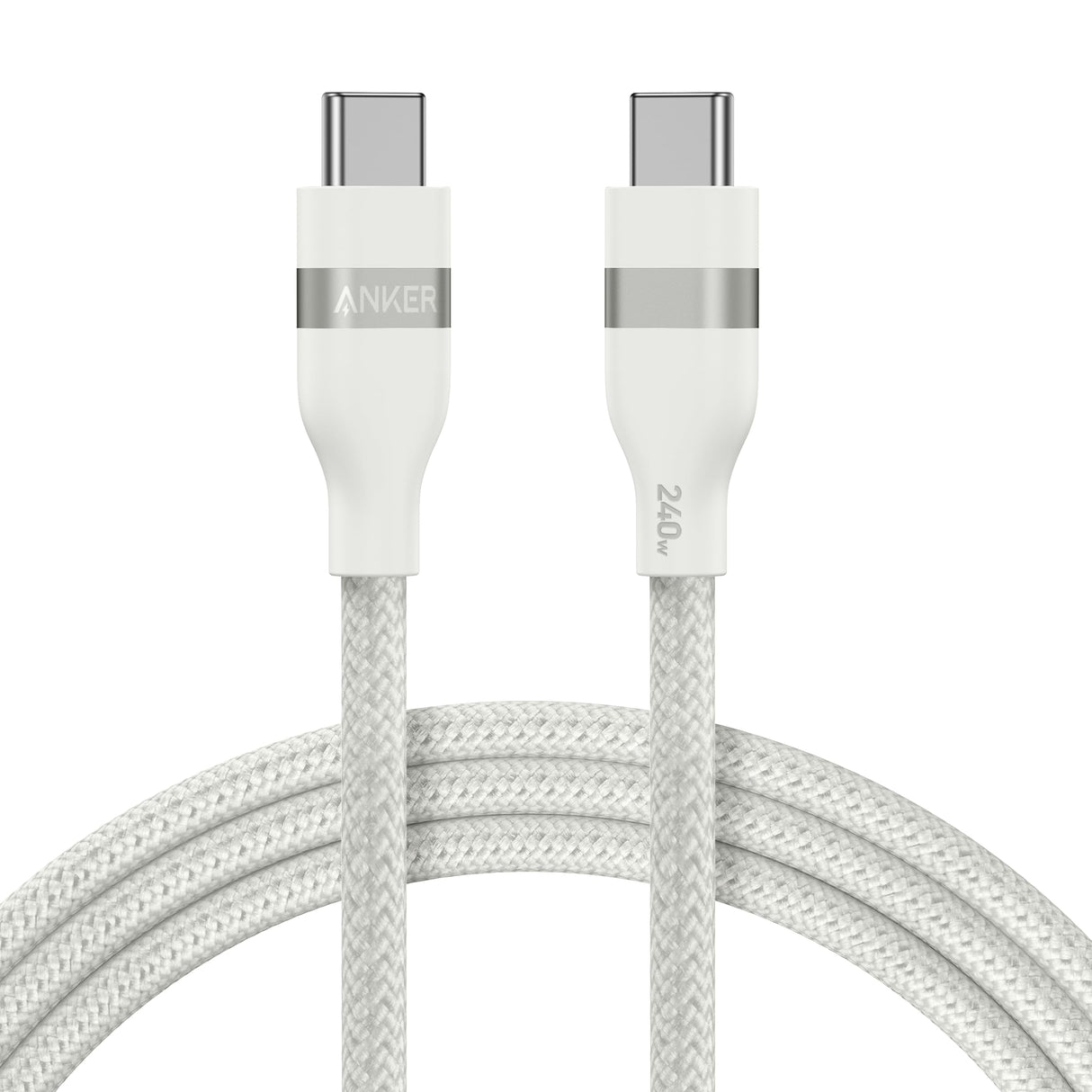Anker 6ft white USB-C to USB-C cable with upcycled braided design, capable of 240W charging, shown coiled on a white background.