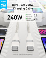 Anker 6ft white USB-C to USB-C cable with braided design, capable of 240W fast charging, laid flat on a white background.