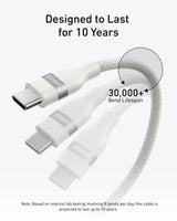 Anker 6ft white USB-C to USB-C cable with upcycled braided design, supporting 240W charging for fast device power transfer.