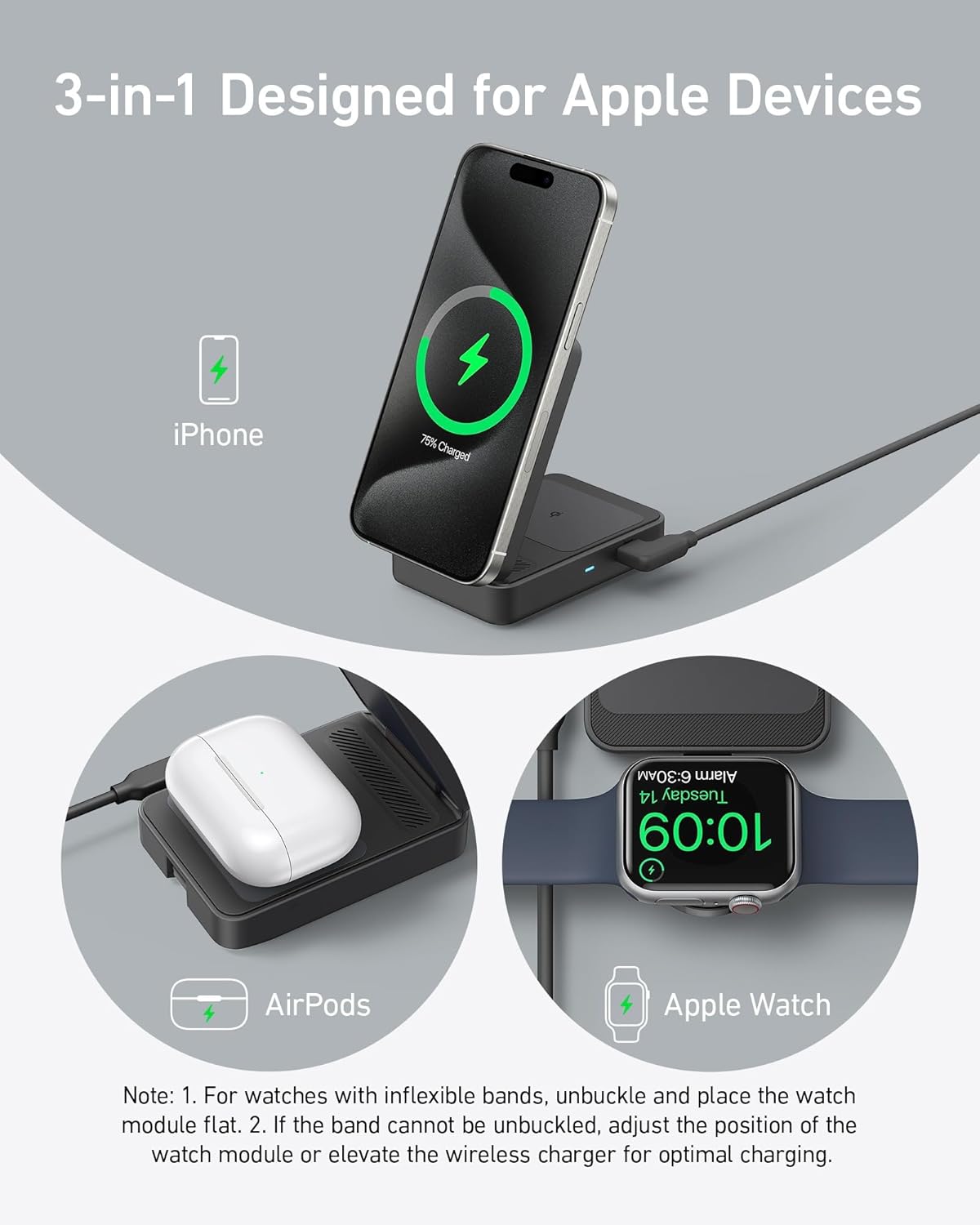 Anker MagGo wireless charging station foldable 3-in-1 with multiple charging pads for phone, smartwatch, and earbuds.