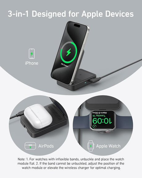 Anker MagGo wireless charging station foldable 3-in-1 with multiple charging pads for phone, smartwatch, and earbuds.