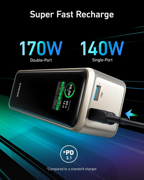 Anker Prime Power Bank 27K 250W portable charging device with USB ports and sleek design, suitable for charging multiple gadgets.