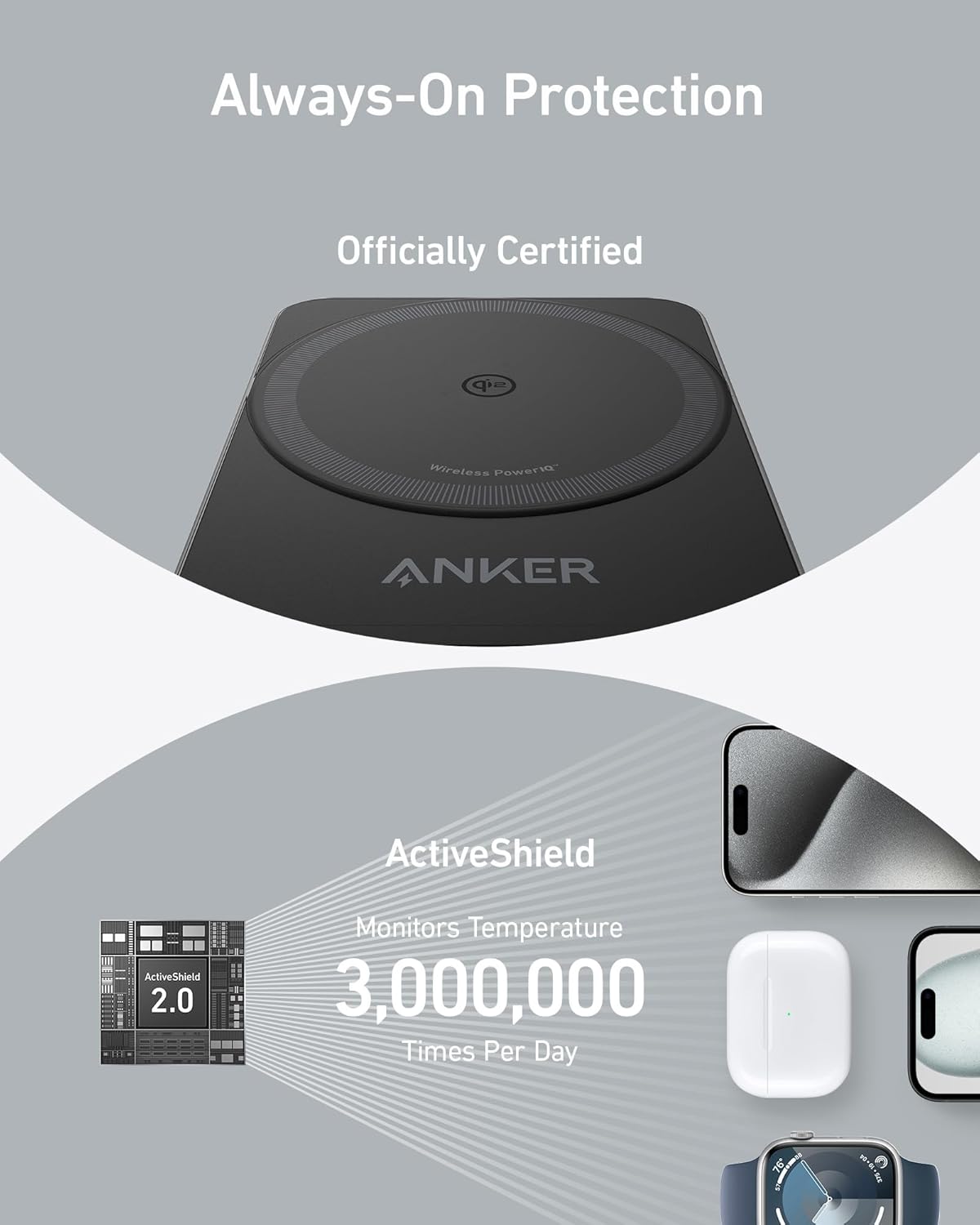 Anker MagGo Wireless Charging Station foldable 3-in-1 with multiple charging pads for phone, watch, and earbuds.