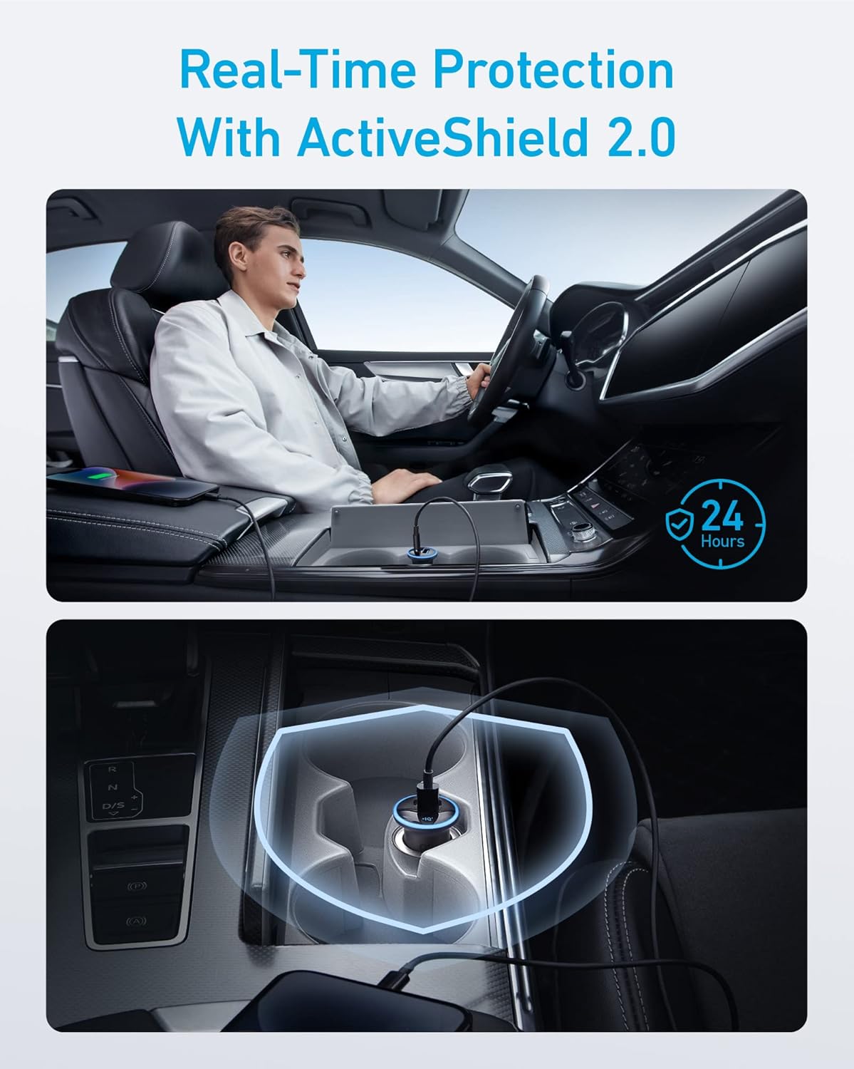 Anker 323 car charger with 52.5W power output plugged into a vehicle's cigarette lighter socket.