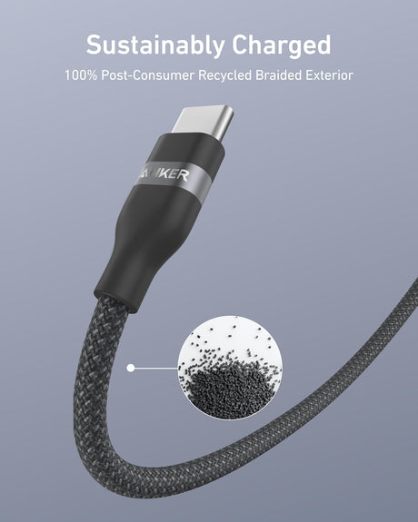 Anker USB-C to USB-C braided charging cable, 3 ft or 6 ft, designed for 240W power transfer and durable upcycled material.