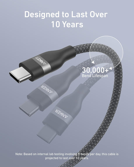 Anker USB-C to USB-C charging cable, upcycled braided 3 ft or 6 ft length, supports 240W power transfer.