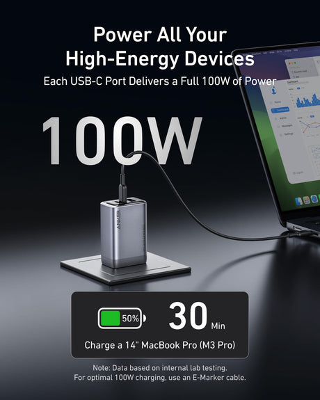 Anker Prime 100W GaN charger with three USB-C ports, compact design, and sleek black finish for fast device charging.