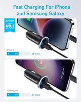 Anker 323 car charger with 52.5W power output, compact design, and dual USB ports for fast charging in vehicles.