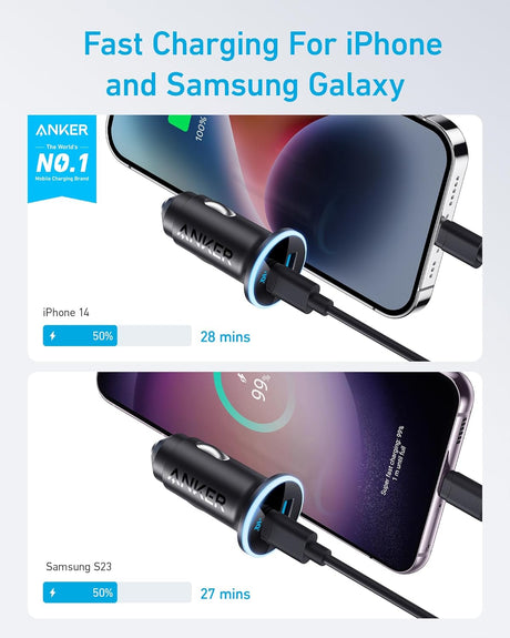 Anker 323 car charger with 52.5W power output, compact design, and dual USB ports for fast charging in vehicles.