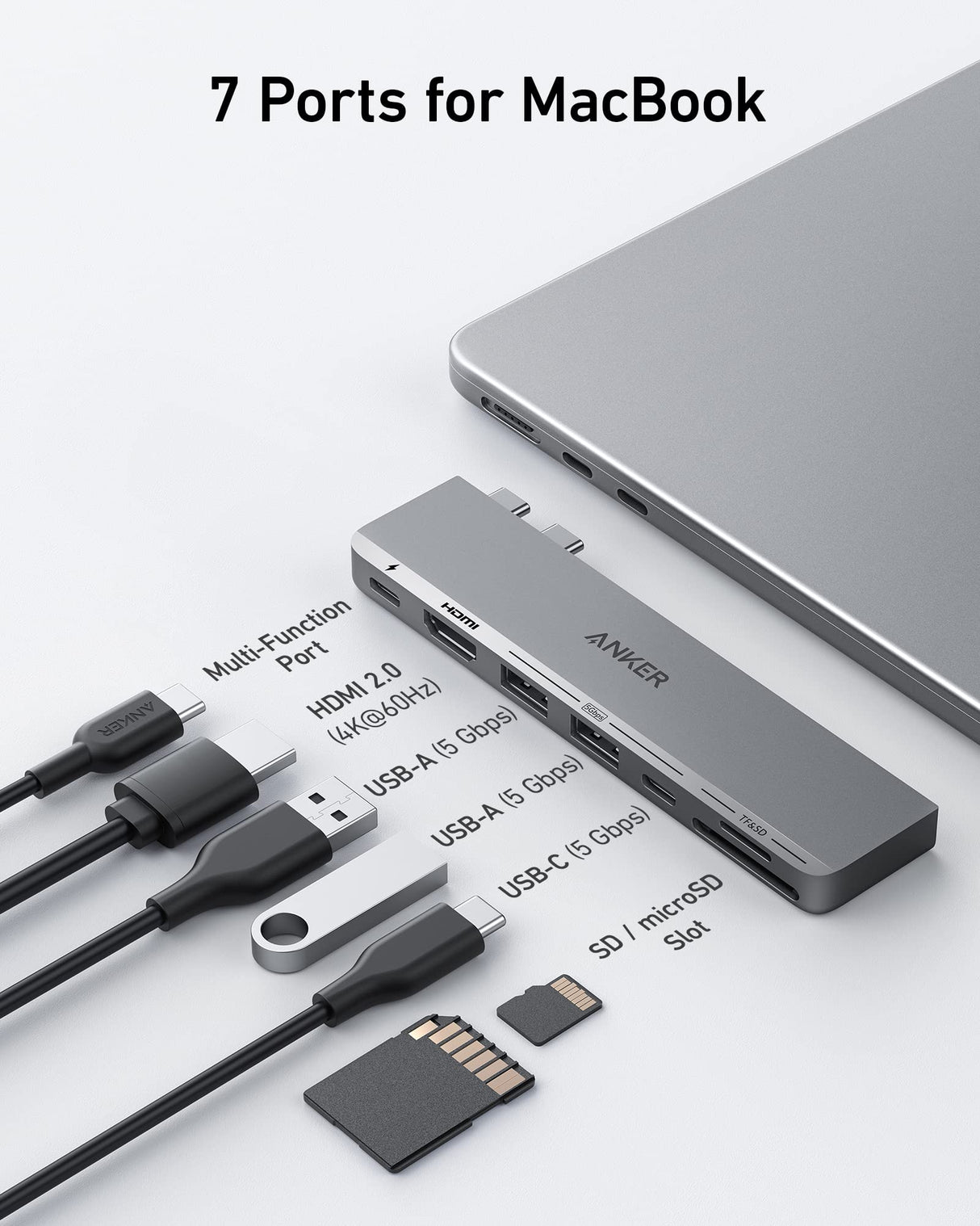 Anker 547 USB-C Hub for MacBook with charging port and multiple connections, shown with sleek black design and ports visible