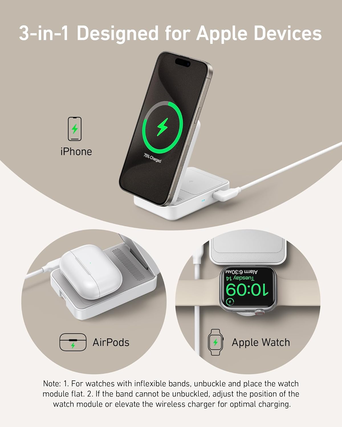 Anker MagGo wireless charging station, foldable 3-in-1 design with phone, Apple Watch, and AirPods charging pads.