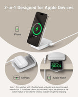 Anker MagGo wireless charging station, foldable 3-in-1 design with phone, Apple Watch, and AirPods charging pads.