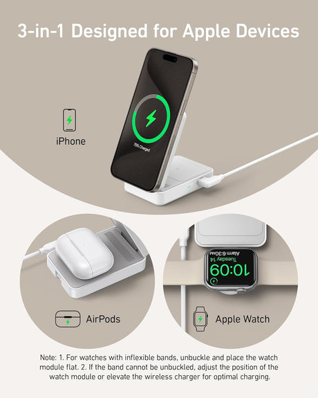 Anker MagGo wireless charging station, foldable 3-in-1 design with phone, Apple Watch, and AirPods charging pads.