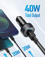 Anker PowerDrive III Duo USB-C car charger plugged into a vehicle's cigarette lighter port with two USB-C ports visible.