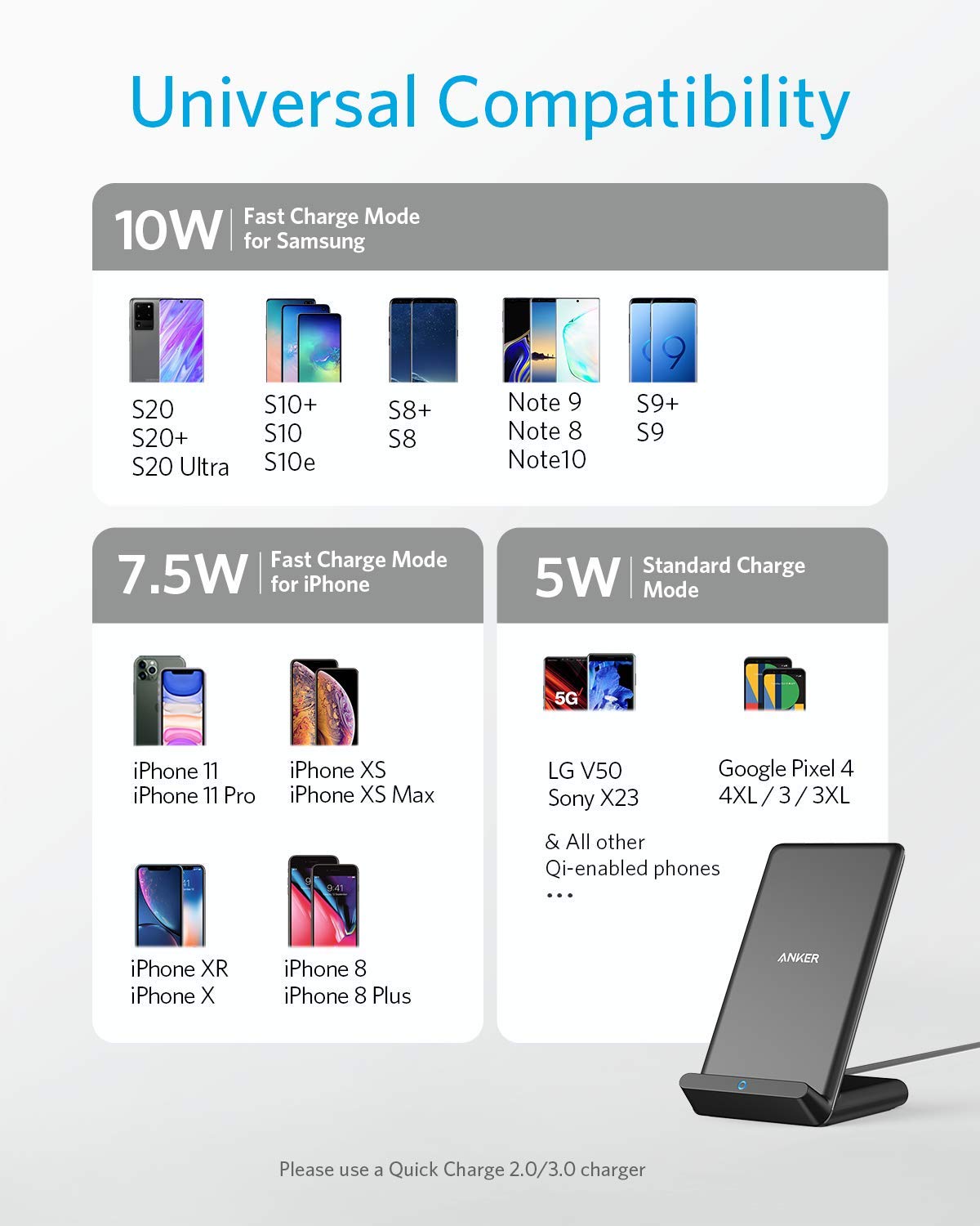 Anker 313 wireless charging stand with a sleek design for fast charging compatible smartphones.