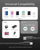 Anker 331 USB-C to Lightning charging cable shown coiled with USB-C and Lightning connectors for Apple devices.