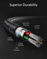 Anker 331 USB-C to Lightning charging cable connected to a device, showing durable design and compact length for fast charging.