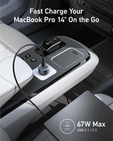 Anker 535 Car Charger with 67W power output, featuring multiple USB ports and sleek black design for fast device charging.