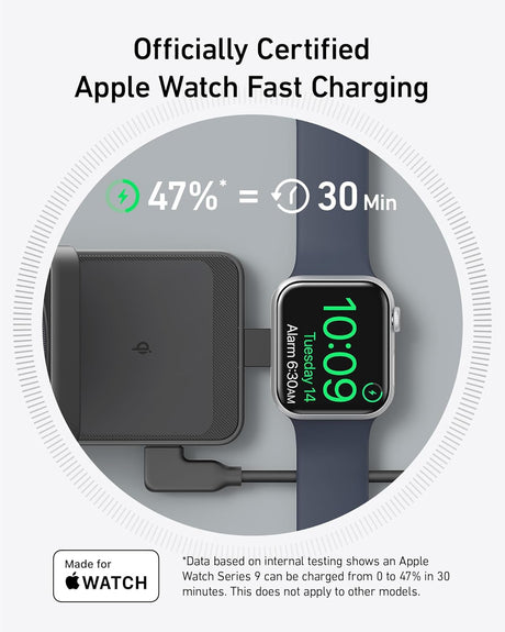 Anker MagGo wireless charging station, foldable 3-in-1 design with phone, smartwatch, and earbuds charging pads, black plastic finish