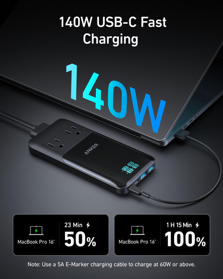 Anker Prime 6-in-1 140W charging station with multiple ports for fast device charging and cable management.