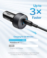 Anker PowerDrive III Duo USB-C car charger with two charging ports and compact design for fast device charging in vehicles.