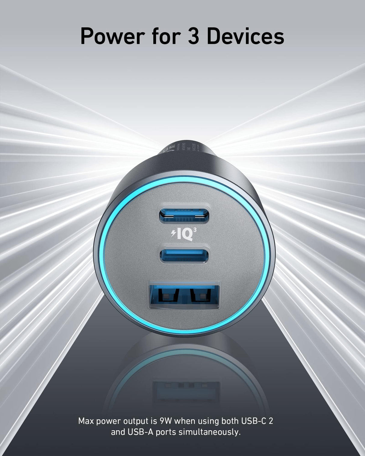 Anker 535 Car Charger with dual USB ports and 67W power output, compact design for fast device charging in vehicles.