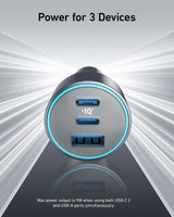 Anker 535 Car Charger with dual USB ports and 67W power output, compact design for fast device charging in vehicles.