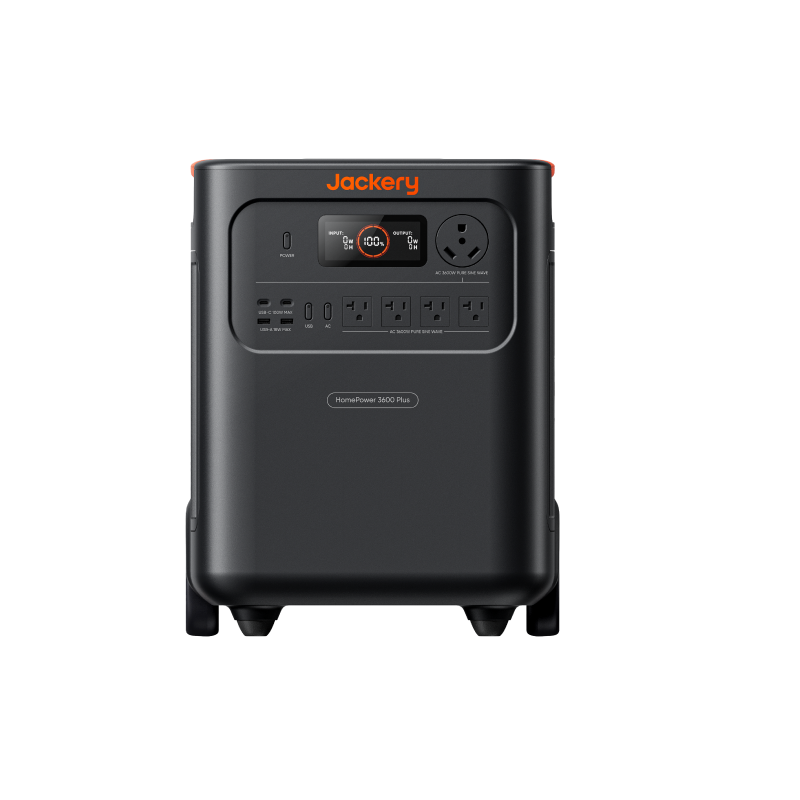 Jackery Solar Generator HomePower 3600 Plus with multiple outlets and solar panels, portable power station for home and outdoor use.
