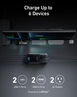 Anker Prime 6-in-1 140W charging station with multiple ports for fast device charging and sleek black design.