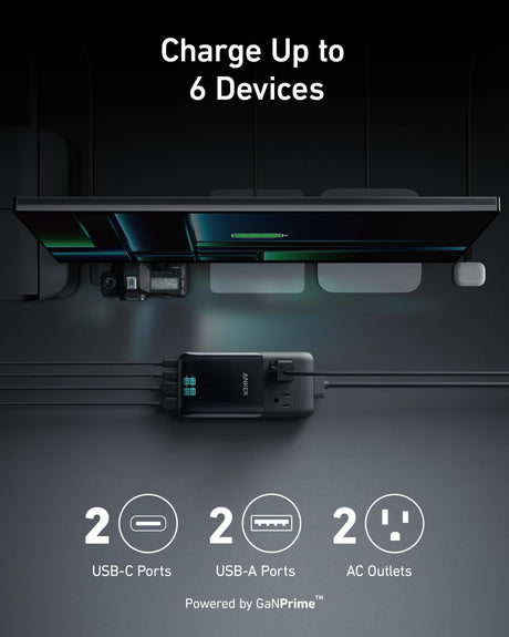 Anker Prime 6-in-1 140W charging station with multiple ports for fast device charging and sleek black design.