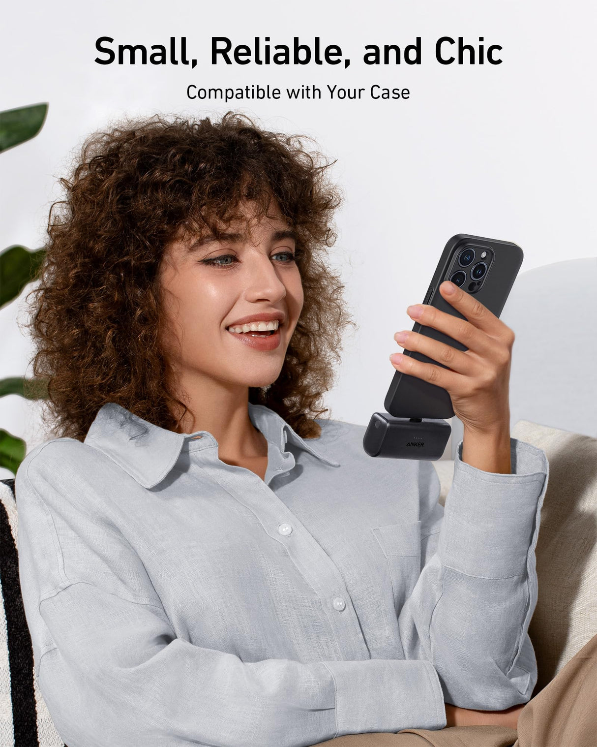 Anker Nano Power Bank with 22.5W USB-C built-in connector, compact portable charging device for smartphones and tablets.