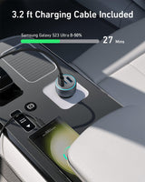 Anker 535 car charger with dual USB ports and 67W power output, plugged into a car's cigarette lighter socket.