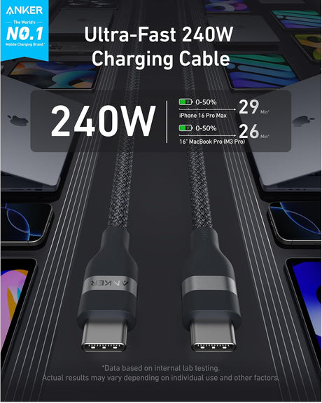 Anker USB-C to USB-C braided cable in 3 ft or 6 ft length, supports 240W charging, upcycled durable design