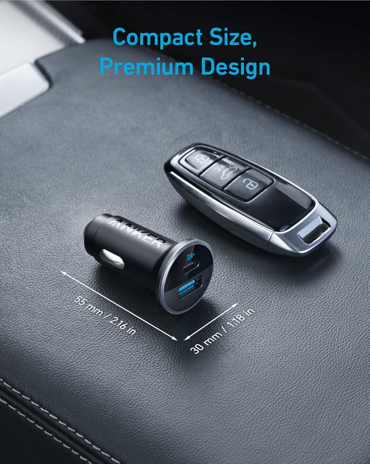 Anker 323 Car Charger with 52.5W power output, compact design, and dual USB ports for fast device charging in a vehicle.