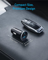 Anker 323 Car Charger with 52.5W power output, compact design, and dual USB ports for fast device charging in a vehicle.