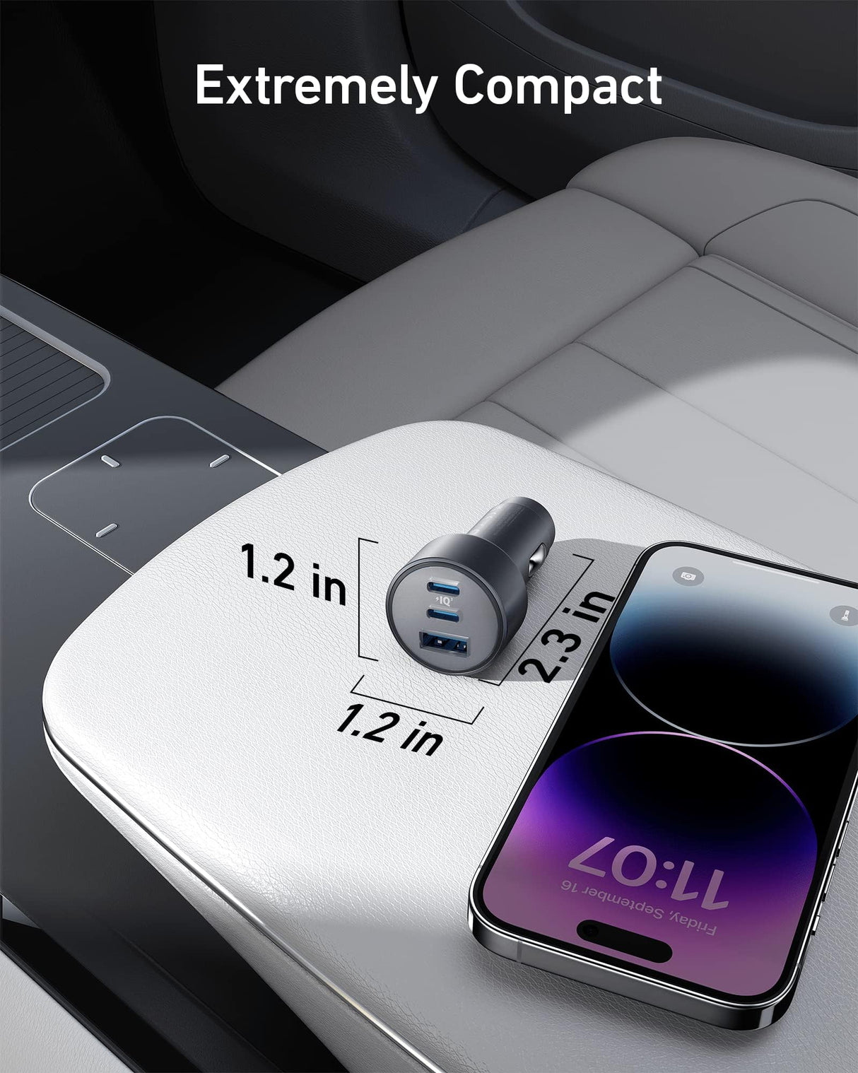 Anker 535 Car Charger with 67W power output, compact design, and multiple USB ports for fast device charging.