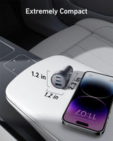 Anker 535 Car Charger with 67W power output, compact design, and multiple USB ports for fast device charging.
